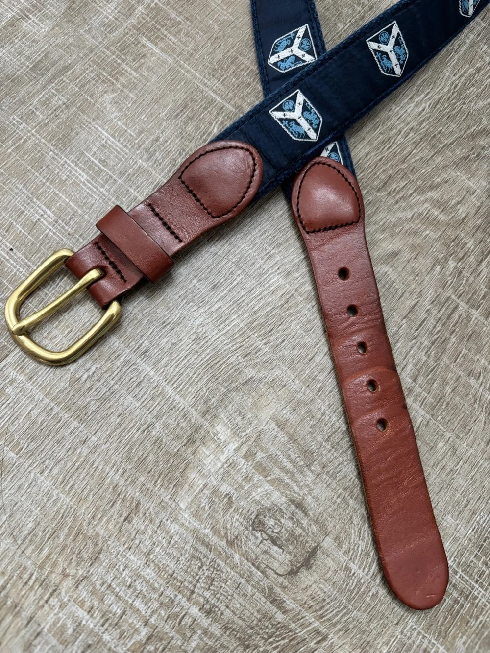Leather Man Ltd Golf Country Club Belt Mens 32 Navy Blue Tan Leather Preppy